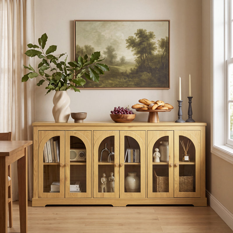 Grand buffet avec portes vitrées cintrées et tablettes ajustables, Natural