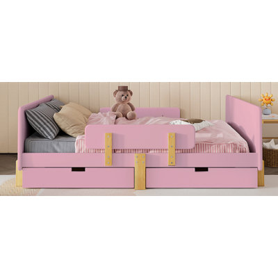 Lit plateforme double avec tiroirs de rangement, structure de lit en bois massif avec garde-corps, petite tablette et crochets, aucun sommier nécessaire, rose