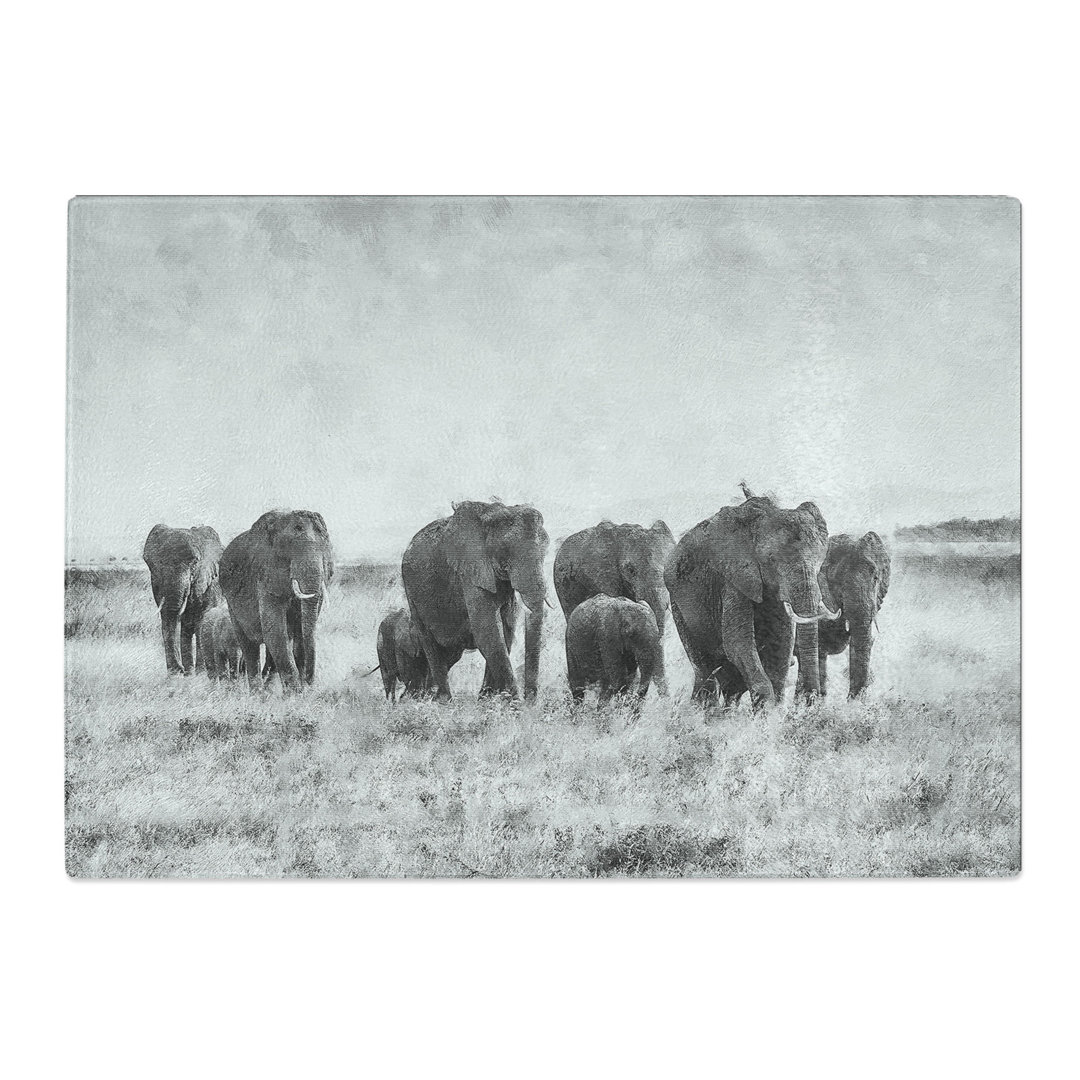 Tempered Glass Herd of Elephants Roaming Chopping Board