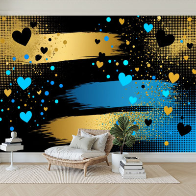 Peel and Stick Wallpaper 144" W x 100" H Modern Self Adhesive Wall Mural for Bedroom Abstract Gold Blue Heart Brush Stroke Bands Splatter Dots Black