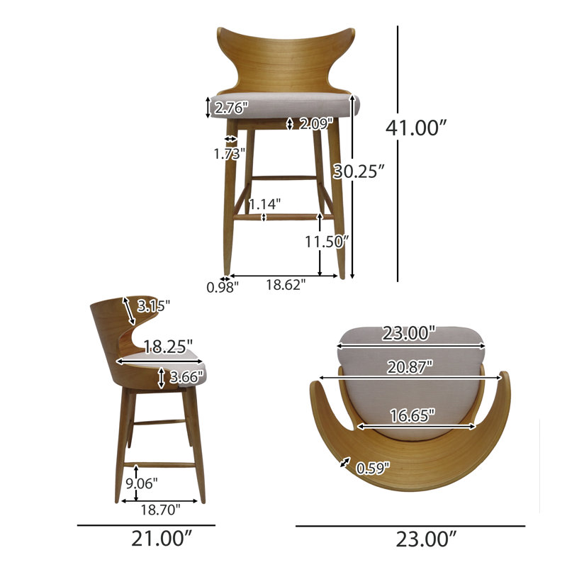 Light Beige Upholstered Wood Mid-Century Modern Barstools, Set of 2