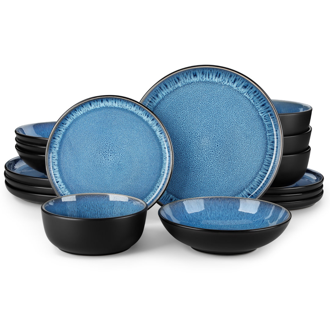 16-Piece Ceramic Dinnerware Set, Black Dinnerware, Dinner Set Service For 4 People, Dinner Plates, Dessert Plates, Soup Plate And Bowls