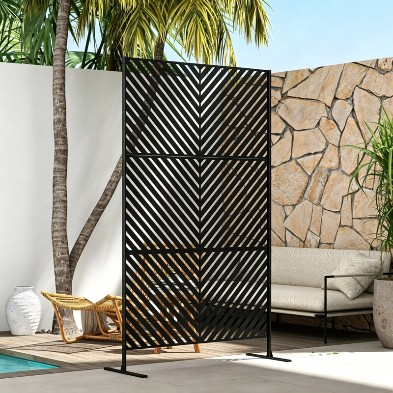 198cm H x122cm W Freestanding Outdoor Privacy Screen and Partition, Laser‑Cut Banana Leaf Metal Decorative Divider, Black