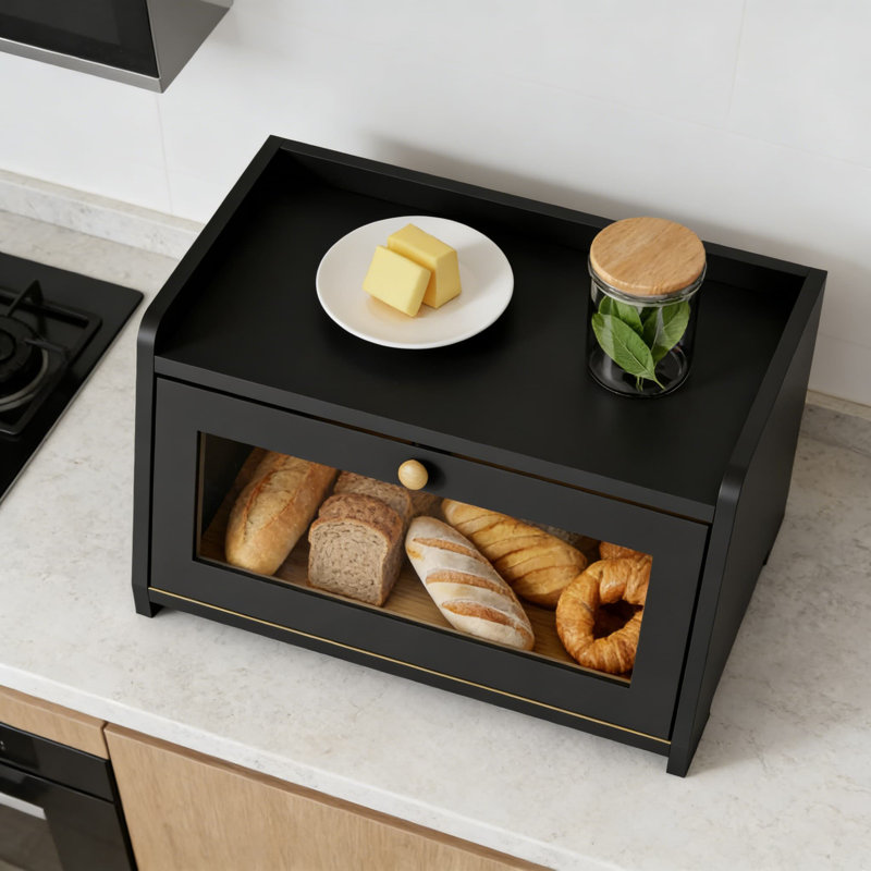 Boîte à pain moderne en bambou pour comptoir de cuisine, grand contenant à pain avec ventilation pour garder le pain frais, fenêtre transparente et porte magnétique pour un accès facile