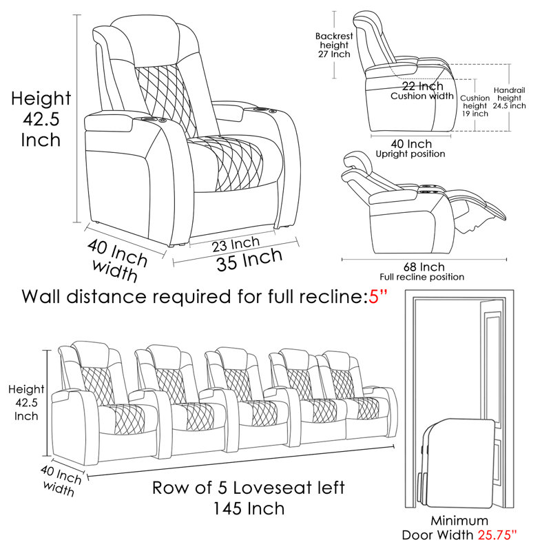 Hokku Designs Gray Leather Home Theater Seating with Cup Holder