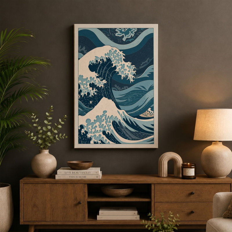 Cresting Wave Japandi - Wrapped Canvas, 18x12 - 45.7 x 30.5 cm, Cream Border