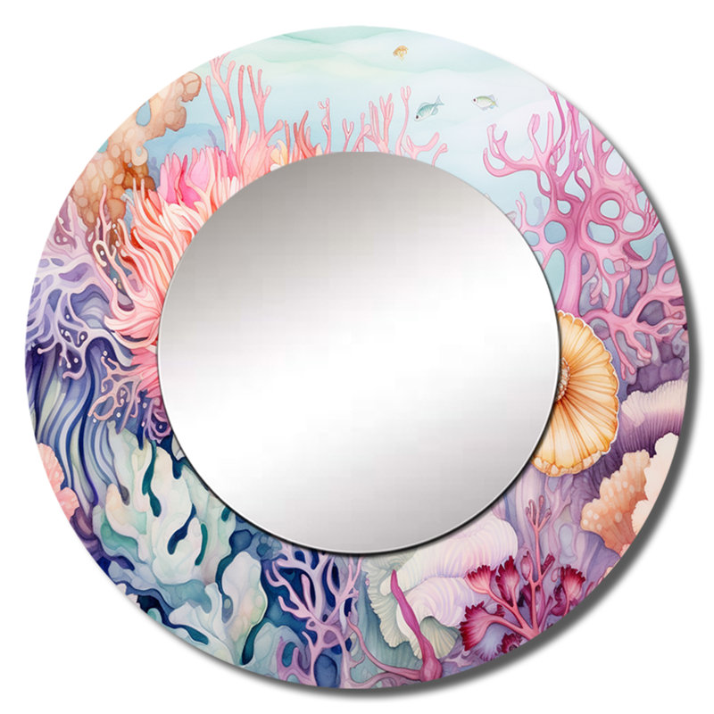 Ripsi Colourful Coral Reef Heaven I - Corals Decorative Mirror, Coastal Round Wall Mirror, Printed Metal Art, 36" x 36"
