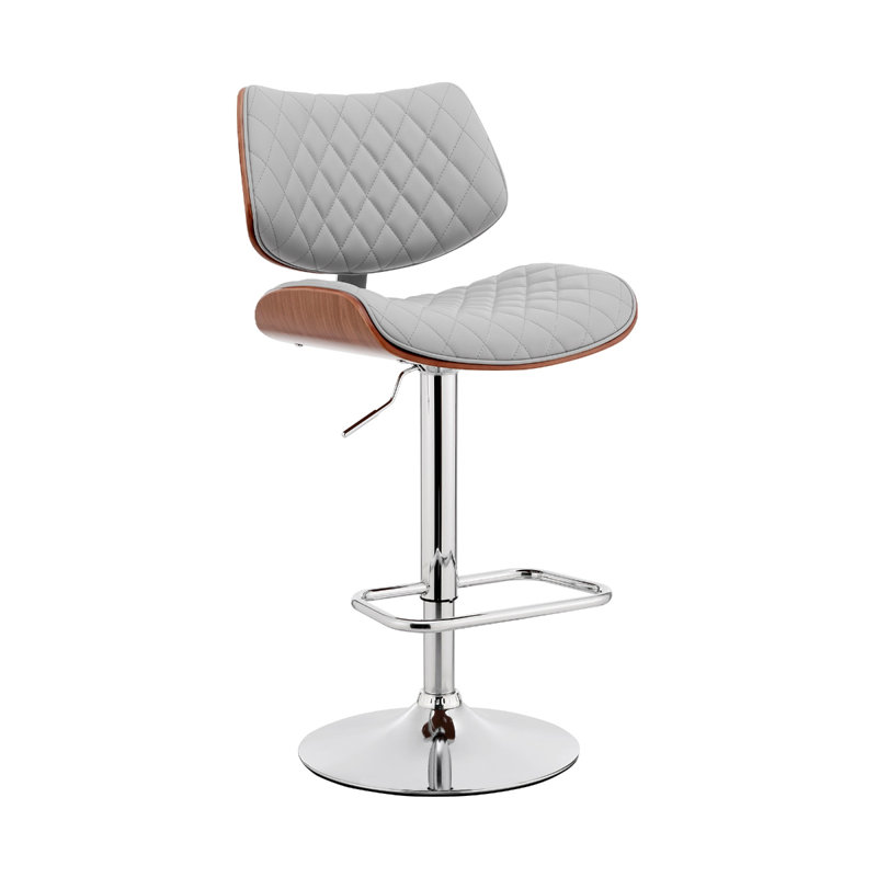 Attie Swivel Adjustable Height Armless Bar Stool with Pedestal Base in Faux Leather and Metal, Chrome, Gray