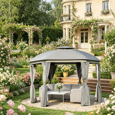 Double Roof Outdoor Gazebo with Waterproof Canopy and Mesh Walls for Garden Parties