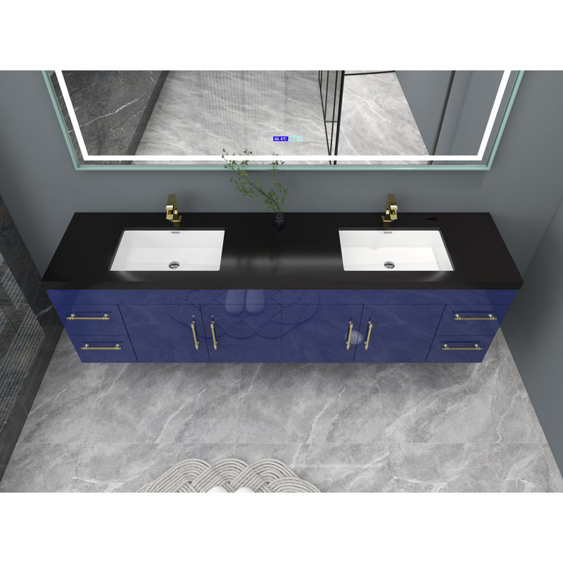 Ensemble de meuble-lavabo double mural 84 po Camorah, Bleu nuit brillant, Or mat
