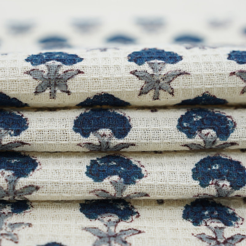Luxury Floral Hand Block Print Waffle Cottton Hand Towels - Eco-Friendly, Stylish Home Accessories "Strawberry", Dark Blue