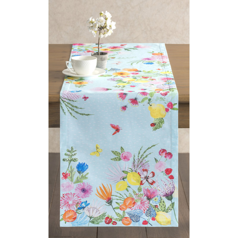 Floral 100% Cotton Table Runner, 108" L x 14.5" W, Mint