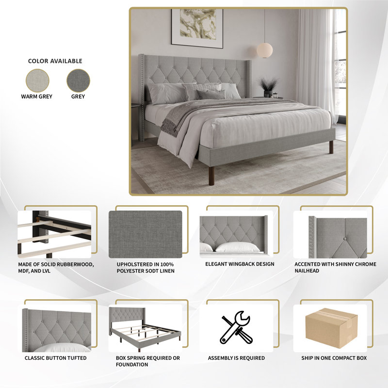 Linen Upholstered Wingback Bed , Light Gray, Full