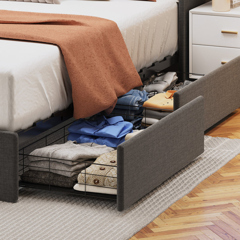 Bed Frame with LED, Wings Headboard Design, Dark Gray, Queen