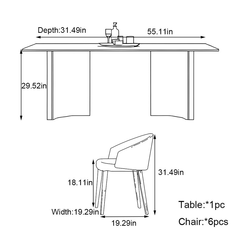 Home rectangular white rock plate dining table set, 29.52"H x 55.11"L x 31.49"W
