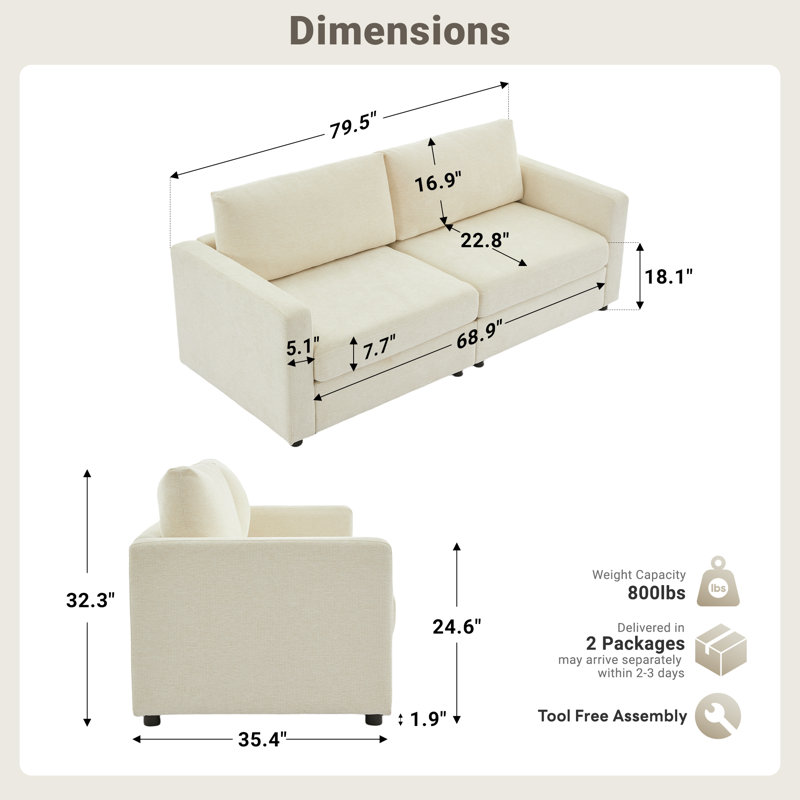 Crofford 79.6" Upholstered Sofa Chenille Modern Couch, Beige