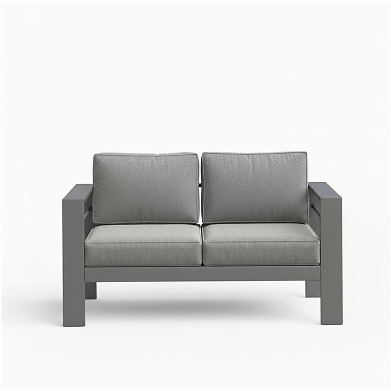 Causeuse de terrasse 52 po toutes saisons en métal avec coussins gris épais et structure grise