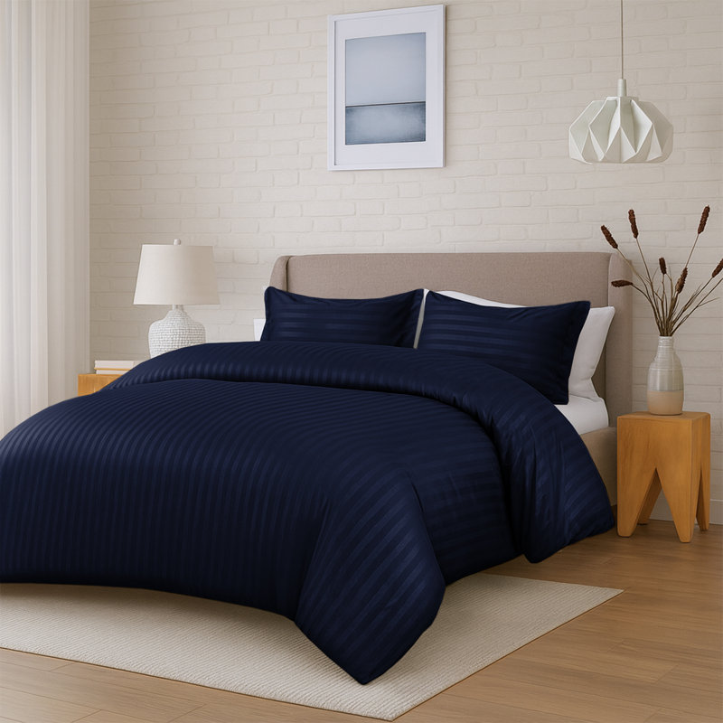 Aspire Homeware 3 Piece Hotel Quality Dyed Duvet Complete Set with Pillowcases for Premium Comfort, Navy