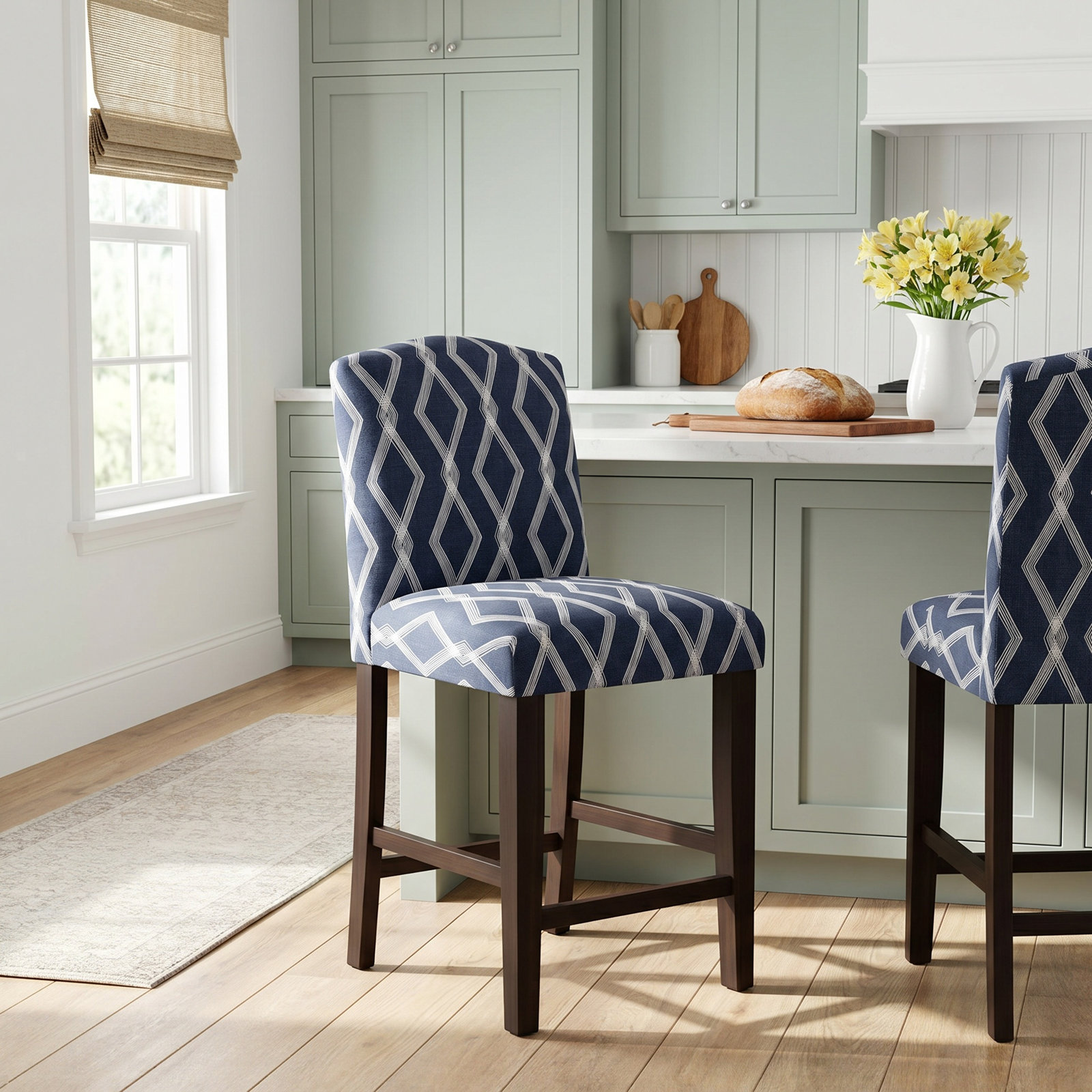 April 31" Bar Stool, Bar Stool (31” Seat Height), Black Wood, Vine Stripe Dusty Blue
