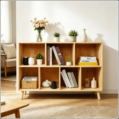 6 Cube Wooden Storage Shelf, Freestanding Open Bookcase with Legs, Natural Solid Wood Cubby Organizer for Living Room, Bedroom, Office, Entryway