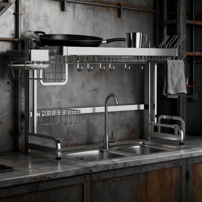2-Tier Stainless Steel Over The Sink Dish Drying Rack, Adjustable Expandable Kitchen Storage Organizer With Utensil Holders, Heavy Duty Space Saving Counter Rack