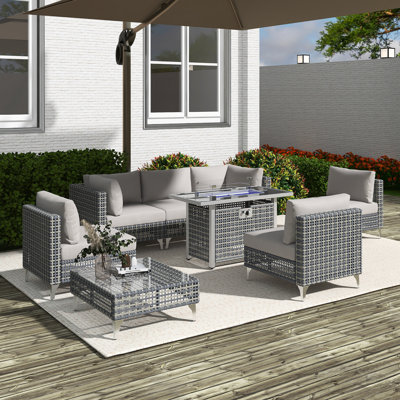 8-Piece Patio Conversation Set With 43 Inch Fire Pit Table, Outdoor Conversation Set And 60,000 BTU 43 Inch Rectangle Propane Fire Pit With Water Resistant Grey Thick Cushions