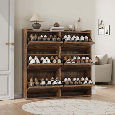 Range-chaussures avec 6 tiroirs rabattables - Organisateur en bois avec tablette réglable, rangement caché pour le vestibule, le couloir et le salon (brun rustique)