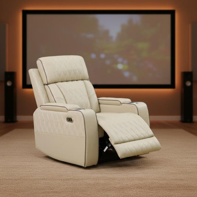 Beige Breathing Leather Power Recliner Chair, Single Seater With Storage Armrest & Hexagonal Cup Holders, USB Port, LED Lights, Double Spring, Solid Wood Frame, Quiet Motor, 170° Sleep Function For Living Room