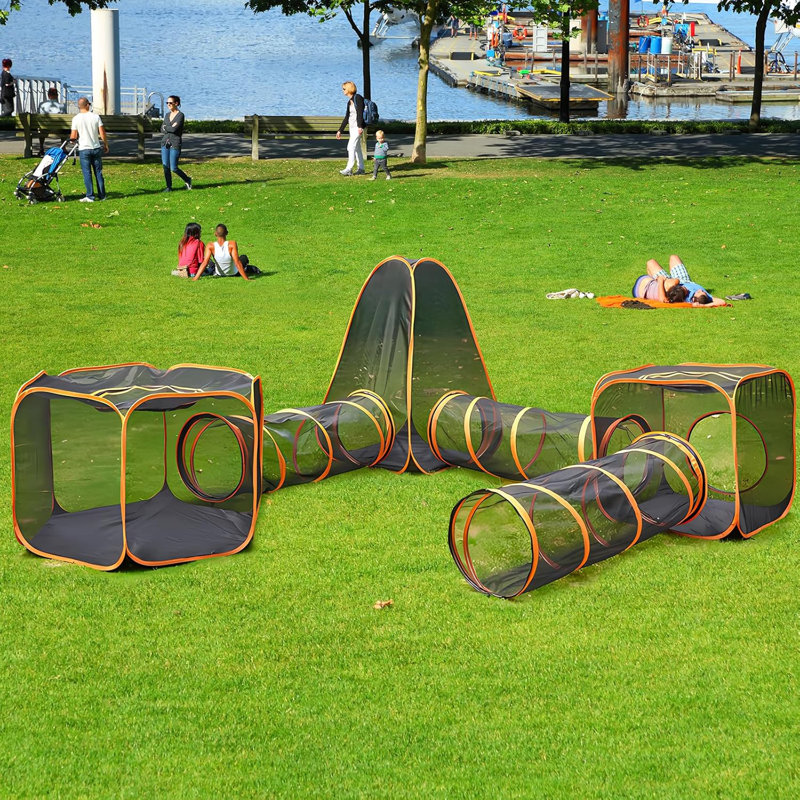 6 Panels Portable Playpen with Interactive Tunnels for Pet