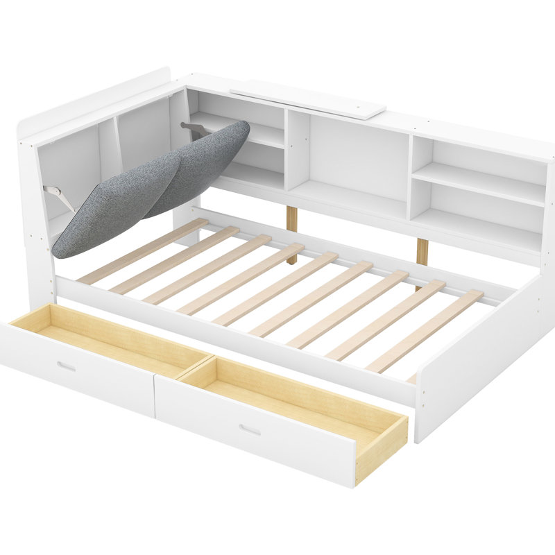 Lit plateforme simple avec rangement pour tête de lit, 2 tiroirs, tablettes en bois blanc - Élément de chambre à coucher, tête de lit avec rangement