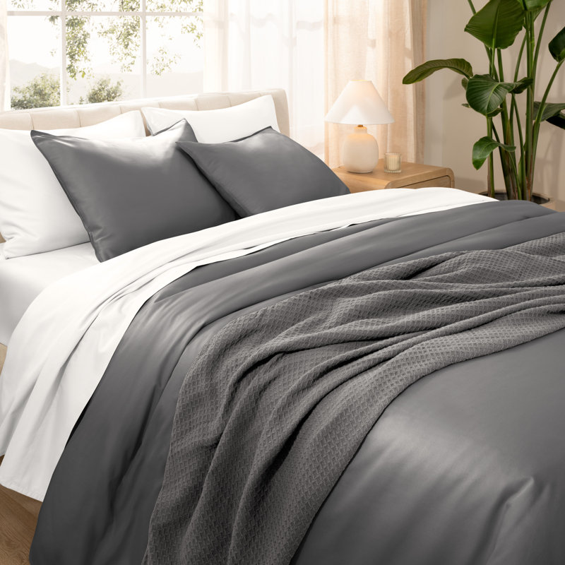400 Thread Count Organic Cotton Sateen Duvet Cover Set, Gray, King Duvet Cover + 2 King Shams