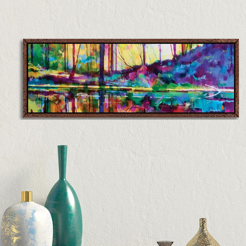 Serenity At Meadowcliff by Doug Eaton - Panoramic Painting on Canvas, 30.48 cm H x 91.44 cm W, Classic Brown Wood Framed