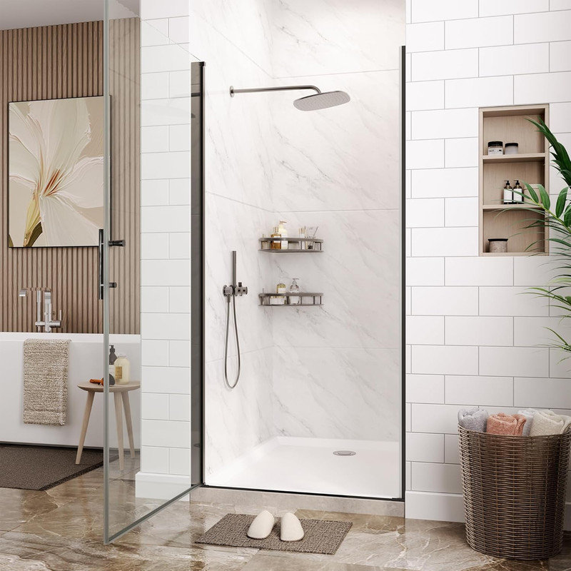 72" x 34" Frameless Pivot Shower Door, 6mm Clear Tempered Glass with Stainless Steel Handle, Easy to Clean, Black