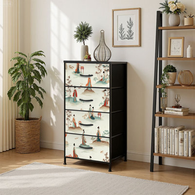 4 Drawer Vertical Storage Dresser Japanese Chinese culture seamless Geisha dragons Traditional with Wood Top Fabric Pull Drawers