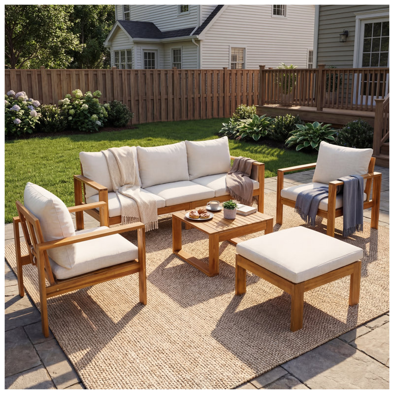 Ensemble de canapé modulaire d'extérieur 5 pièces en bois d'acacia avec coussins gris et beiges