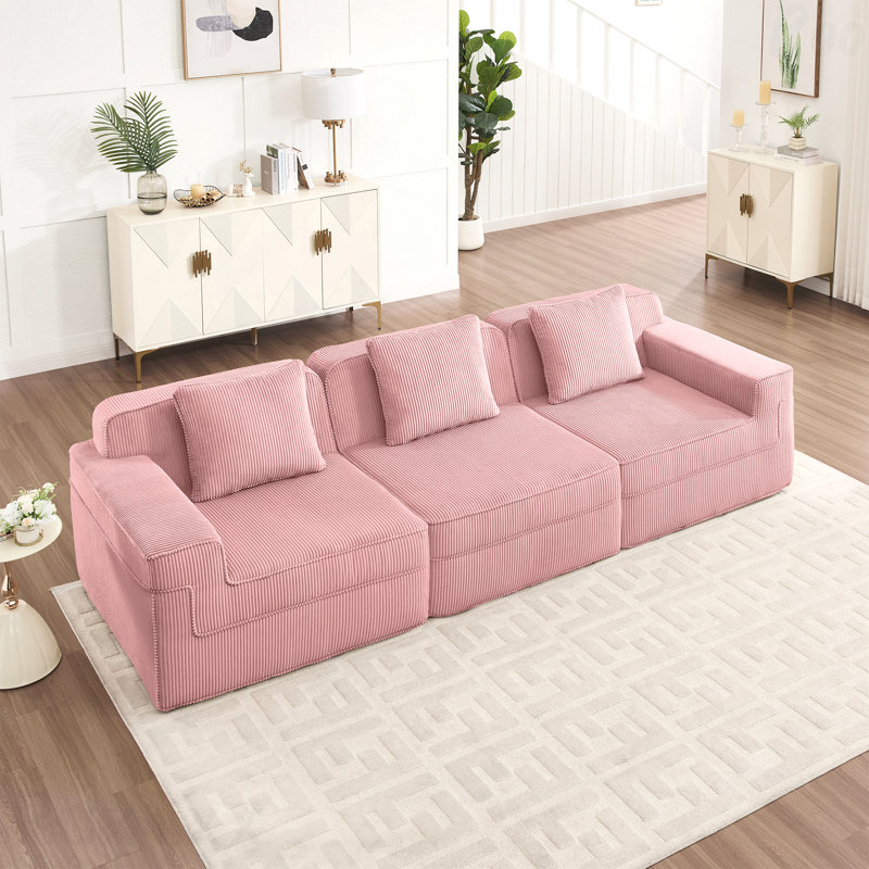 Canapé modulaire sans siège à 3 places - tissu velours côtelé, canapé Cloud, siège très profond, coussins décoratifs, 3, Rose