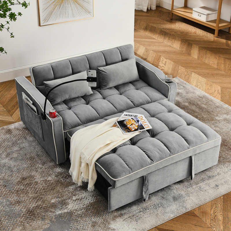 Canapé-lit pliable polyvalent de 55,51 pouces en 3 longueurs, canapé-lit moderne, canapé-lit en velours, dossier réglable, port USB, cendrier et support pour téléphone pivotant (gris)