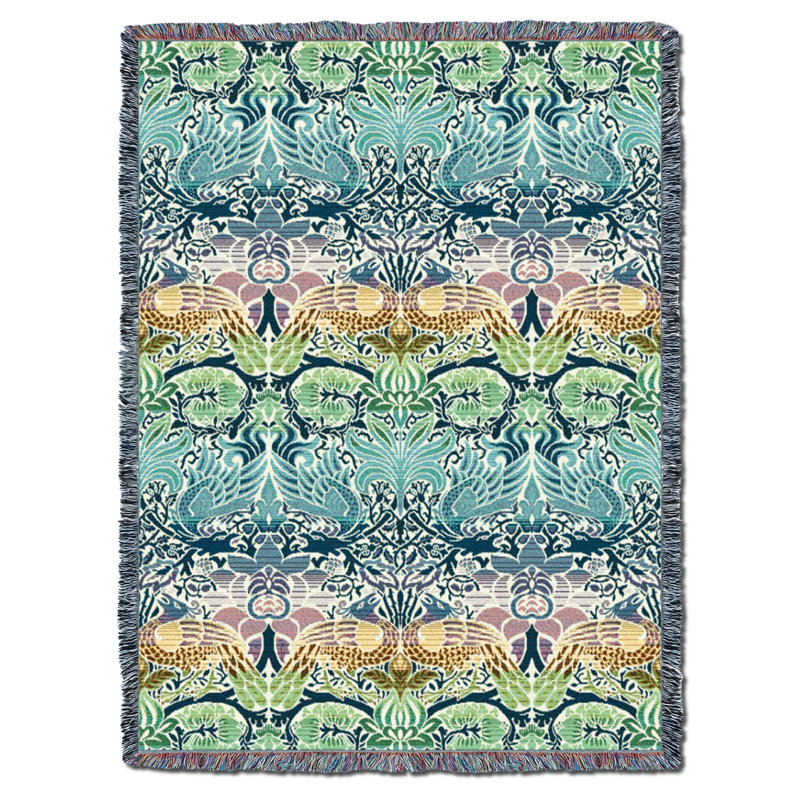 Couverture Pure Country Weavers William Morris Dragon et Paon Pastel XL - Arts & Crafts - Jeté de tapisserie cadeau tissé en coton - Fabriqué aux États-Unis (82x62)