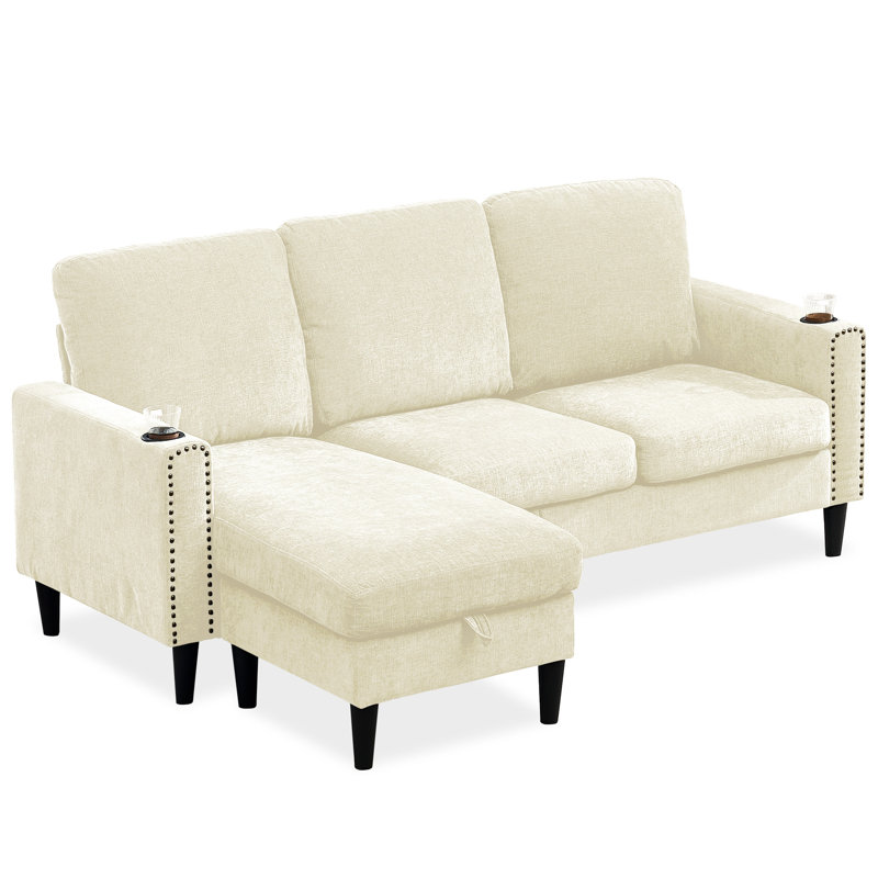 Modern Design Chenille 3 Seater L-Shape Sectional Sofa With Storage Chaise And Comfortable Cushions, Off White Chenille