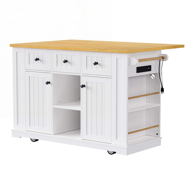 Îlot de cuisine avec 5 tablettes latérales ouvertes et 5 roulettes, Blanc