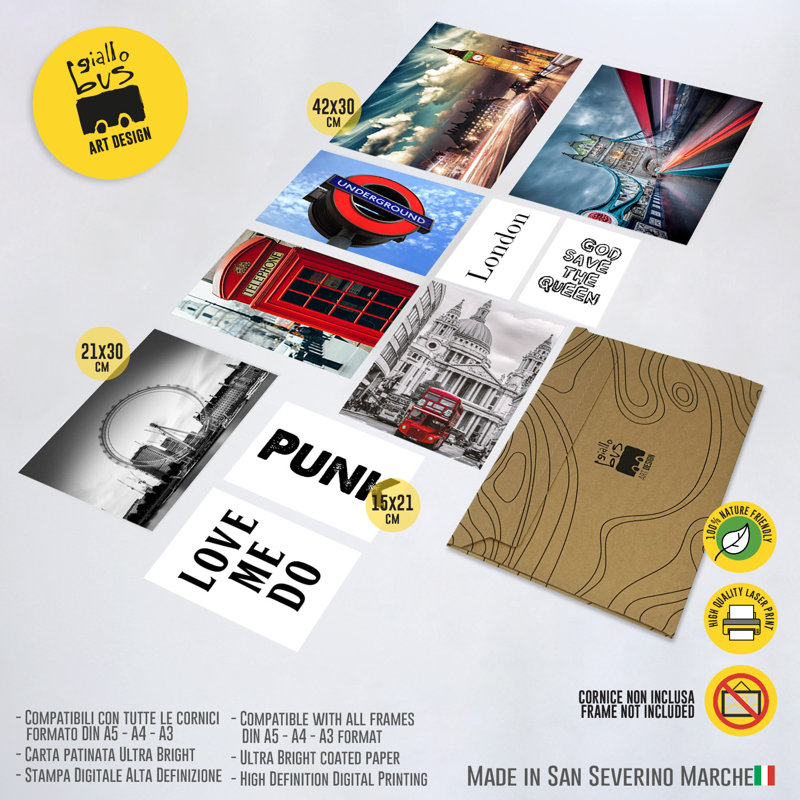 Giallobus - Set 10 Poster Da Parete - Raccolta Città Londra - Carta Patinata - | 2 X A3 42X30cm | 4 X A4 30X21cm | 4 X A5 21X15cm | - Senza CORNICI - Stampe Moderne Soggiorno