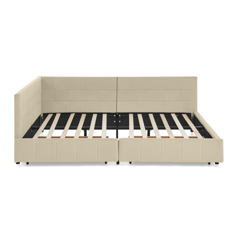 Upholstered Daybed With Backrest, Armrest, And Storage Drawers, Beige
