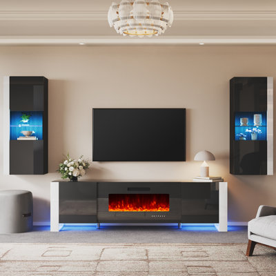 Bhhatu 70“ Entertainment Center for TVs with Electric Fireplace Included, Black