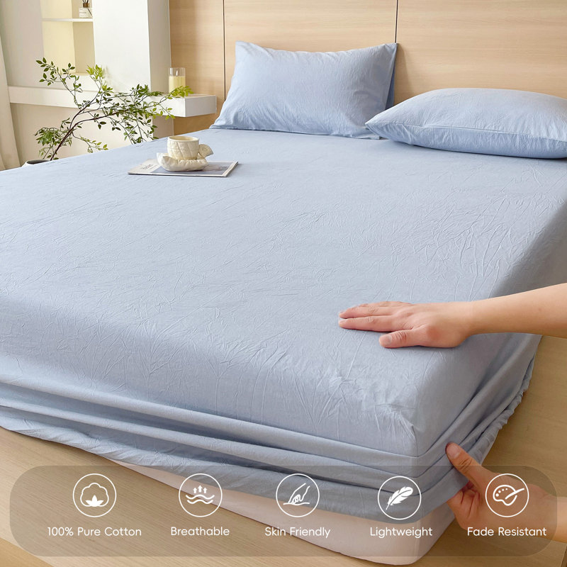 Moomee Fitted Sheet with Pillowcases 3-Piece Set 100% Washed Cotton Linen Like Textured, Cornflower Blue