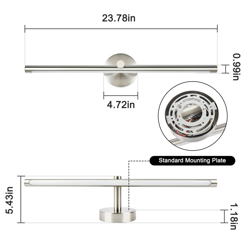 Barre d'éclairage de salle de bain 1 lumière DEL Nafissa à intensité variable 24W, Nickel brossé