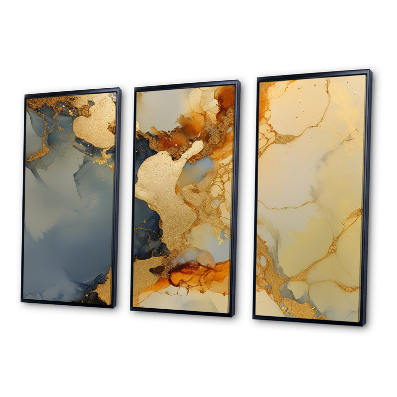 «Brown Luxury Abstract Fluid Art», ensemble d'art sur toile à l'encre liquide, Cadre flottant noir