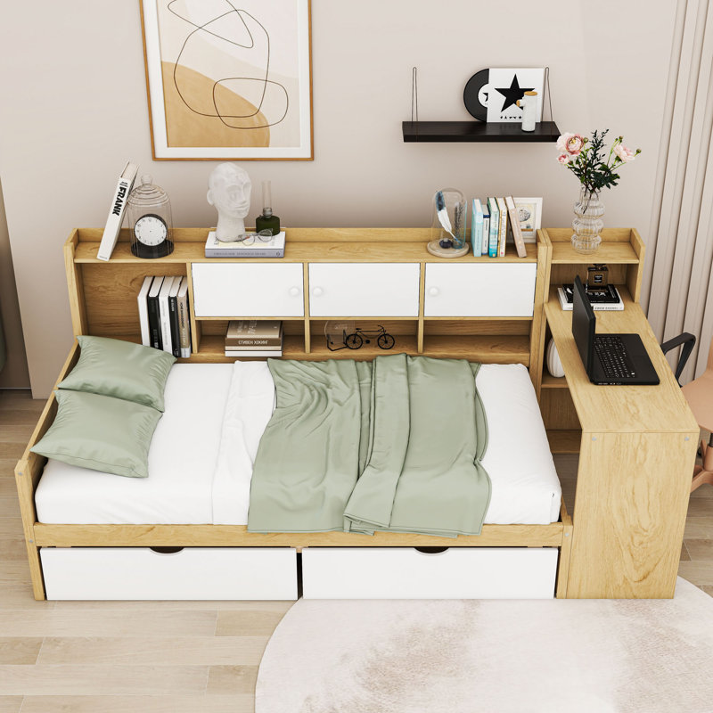 2 Drawers Wood Daybed with Built-in-Desk and Bookcase, Natural White, Twin
