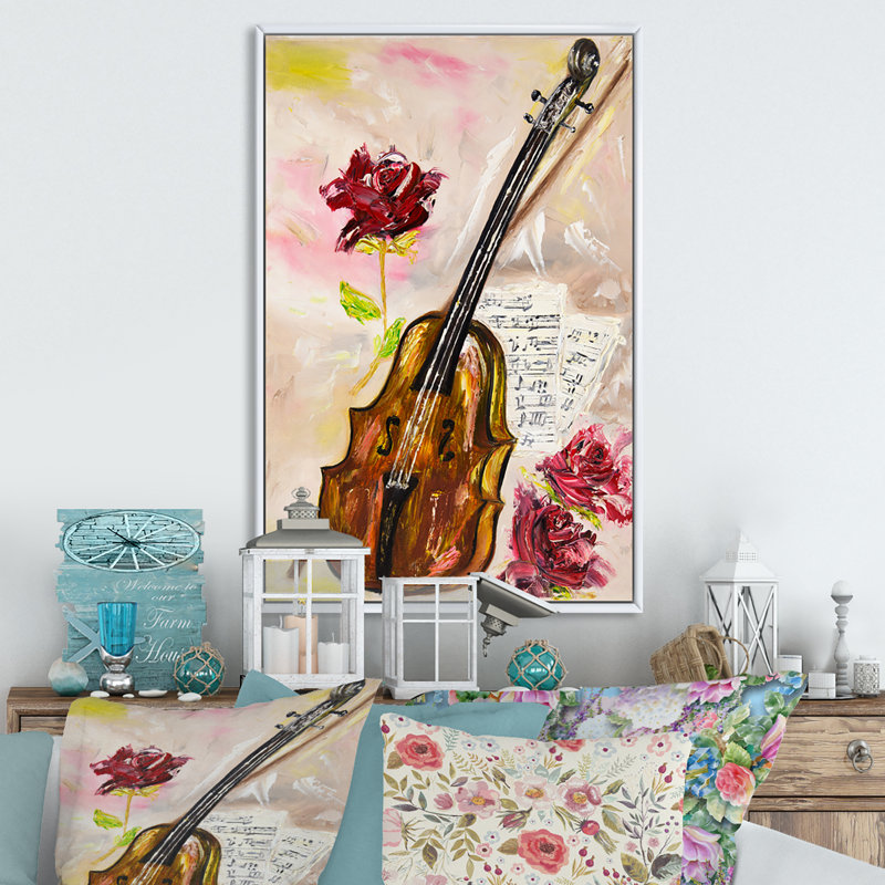 Violon et roses - sur, H 12 po x l 8 po x P 1 po, Toile encadrée flottée blanche