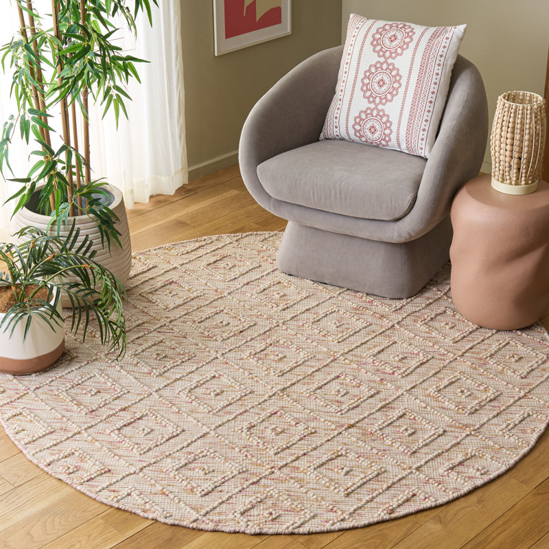 Tapis en laine / coton tissé à la main Stathelle en ivoire / rouge, Rond 6 pi
