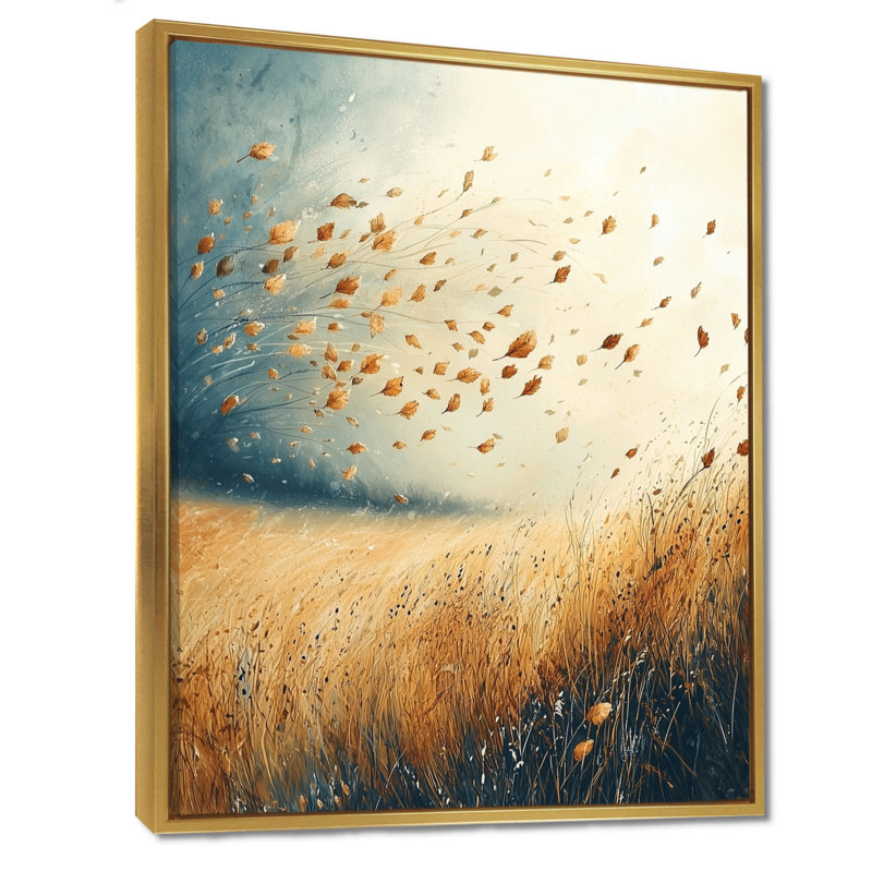 «Meadow Windy Prairie Leaves I», art mural prairie, H 40 po x l 30 po, Reproduction avec cadre flottant, Doré